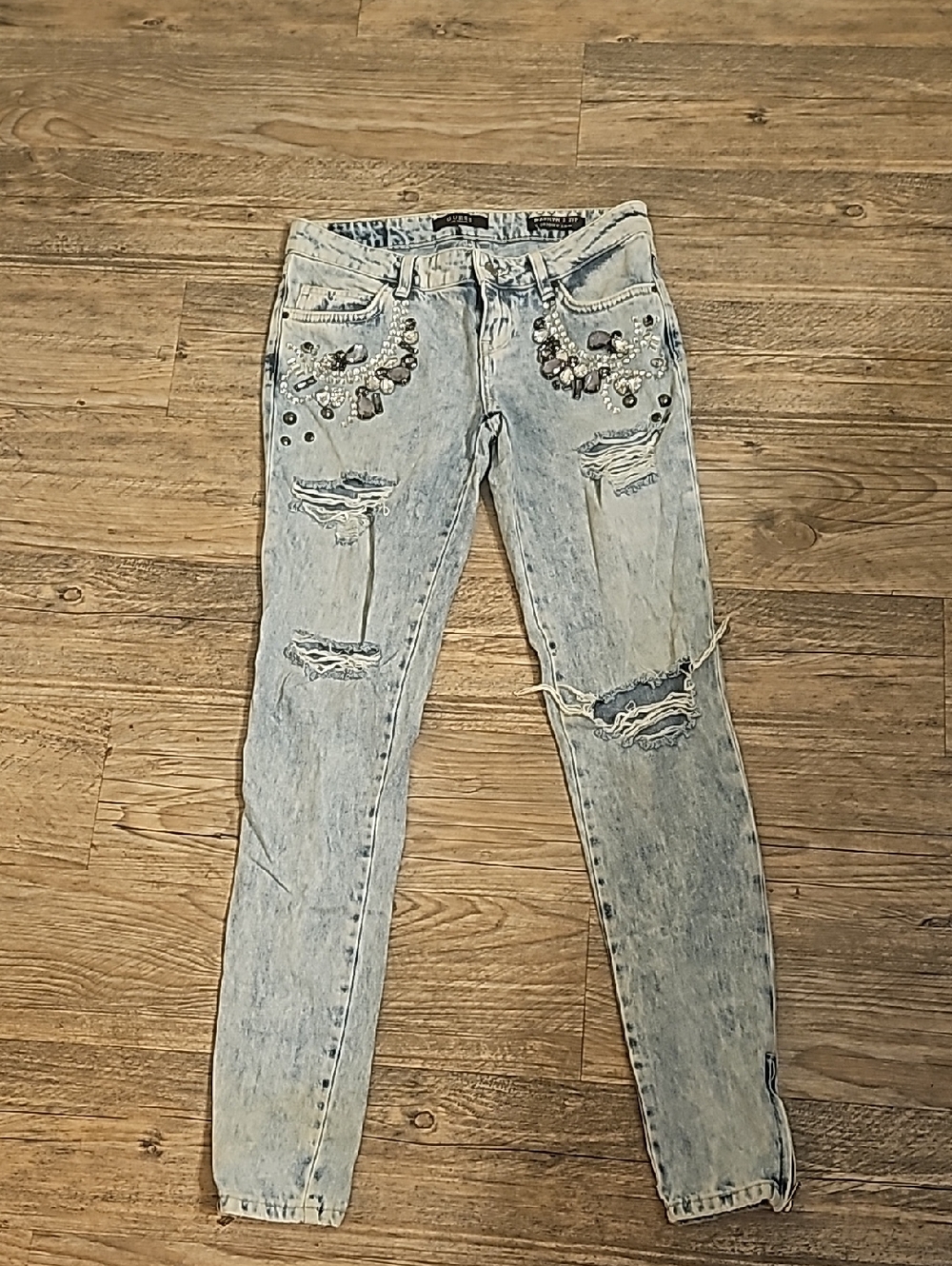 Guess Light Blue Distressed Skinny Jeans with Rhinestone Embellishments